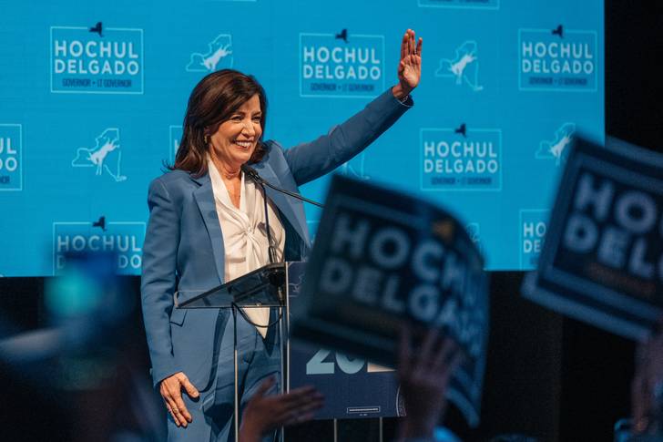 Kathy Hochul celebrates victory at her election night party, becoming the first elected female governor in New York state history.
